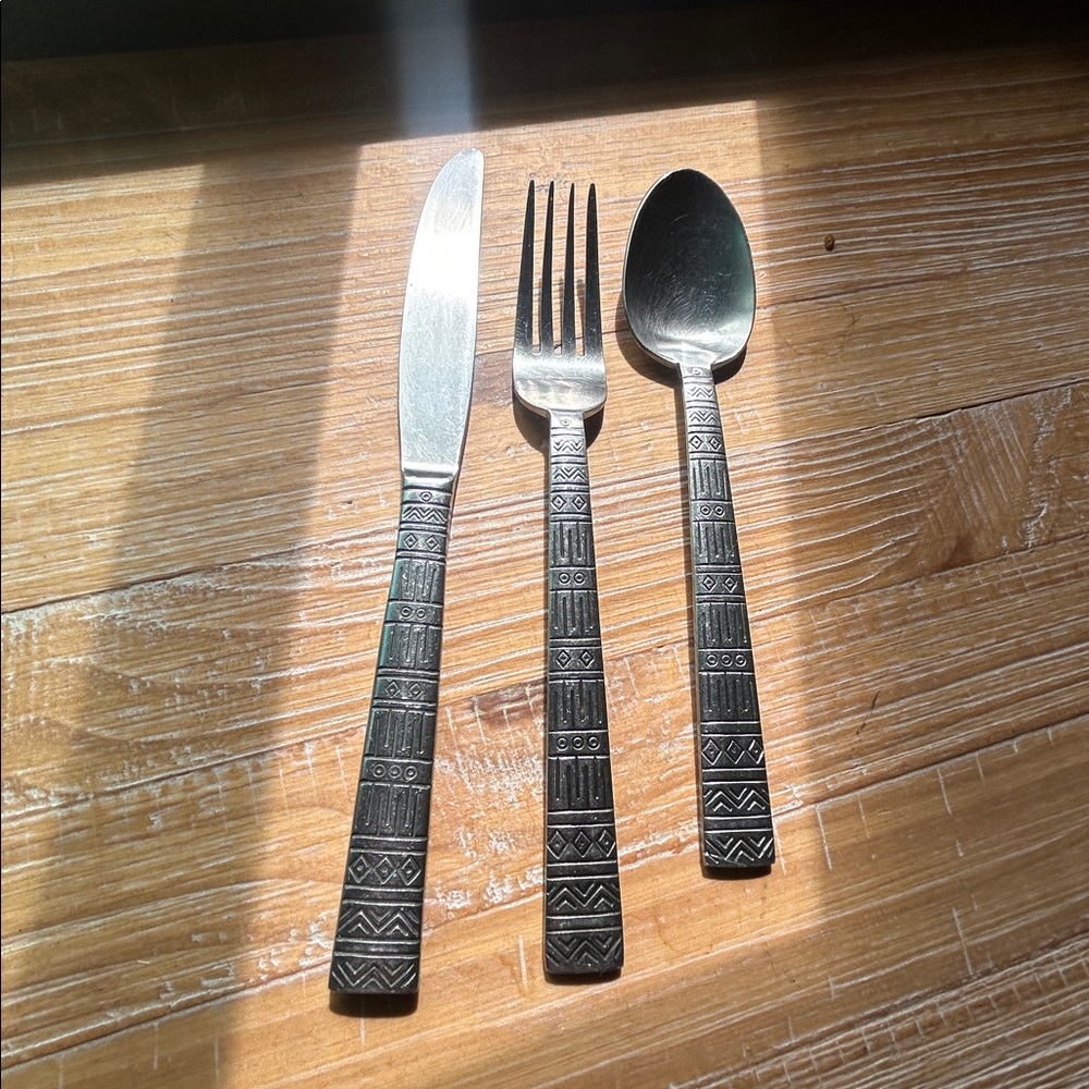 Vintage Korea Cambridge CORDOBA Aztec Geometric Stainless  Flatware Set of 3
